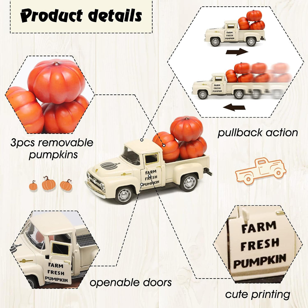 Fall Pumpkin Truck Decor Mini Metal Farm Truck with 3 Pumpkins