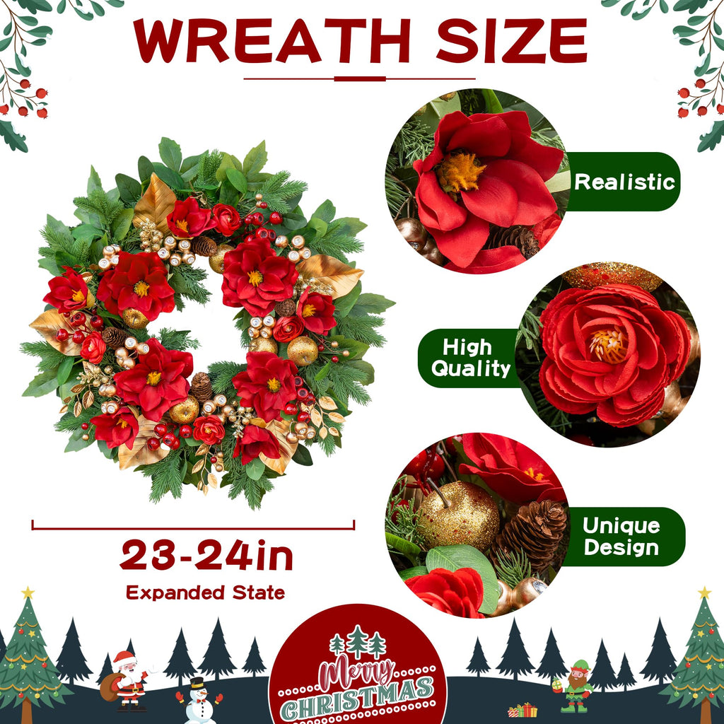 24 Inch Magnolia Christmas Wreath for Front Door, Christmas Wreath with LED Lights, Red Flowers, Red Berries