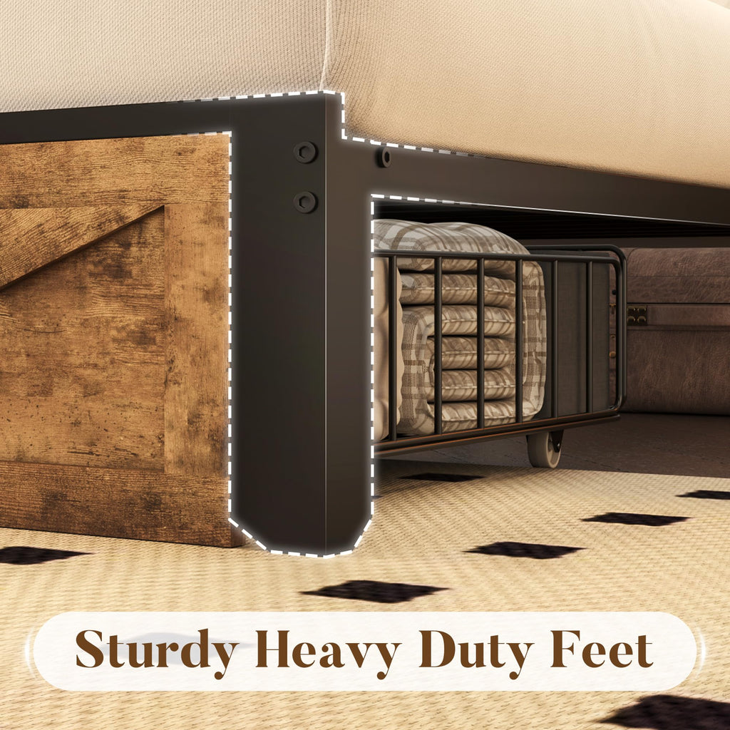 Bed with Farmhouse Storage Headboard, Bed with 2 Storage Drawers and Fast-Charging Station and Led Light