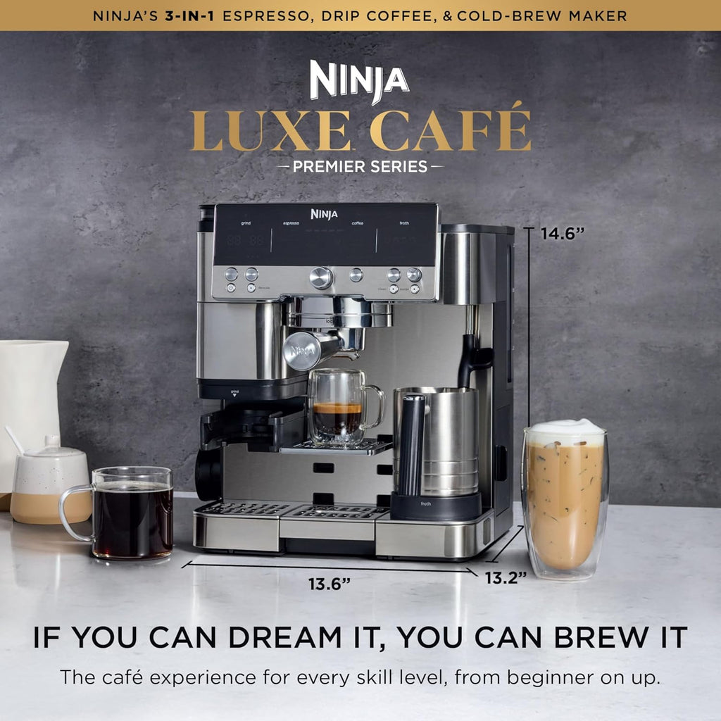Luxe Café Premier 3-in-1 Espresso Machine, Drip Coffee, & Cold Brew | Built-in Grinder, Hands-Free Milk Frother, and