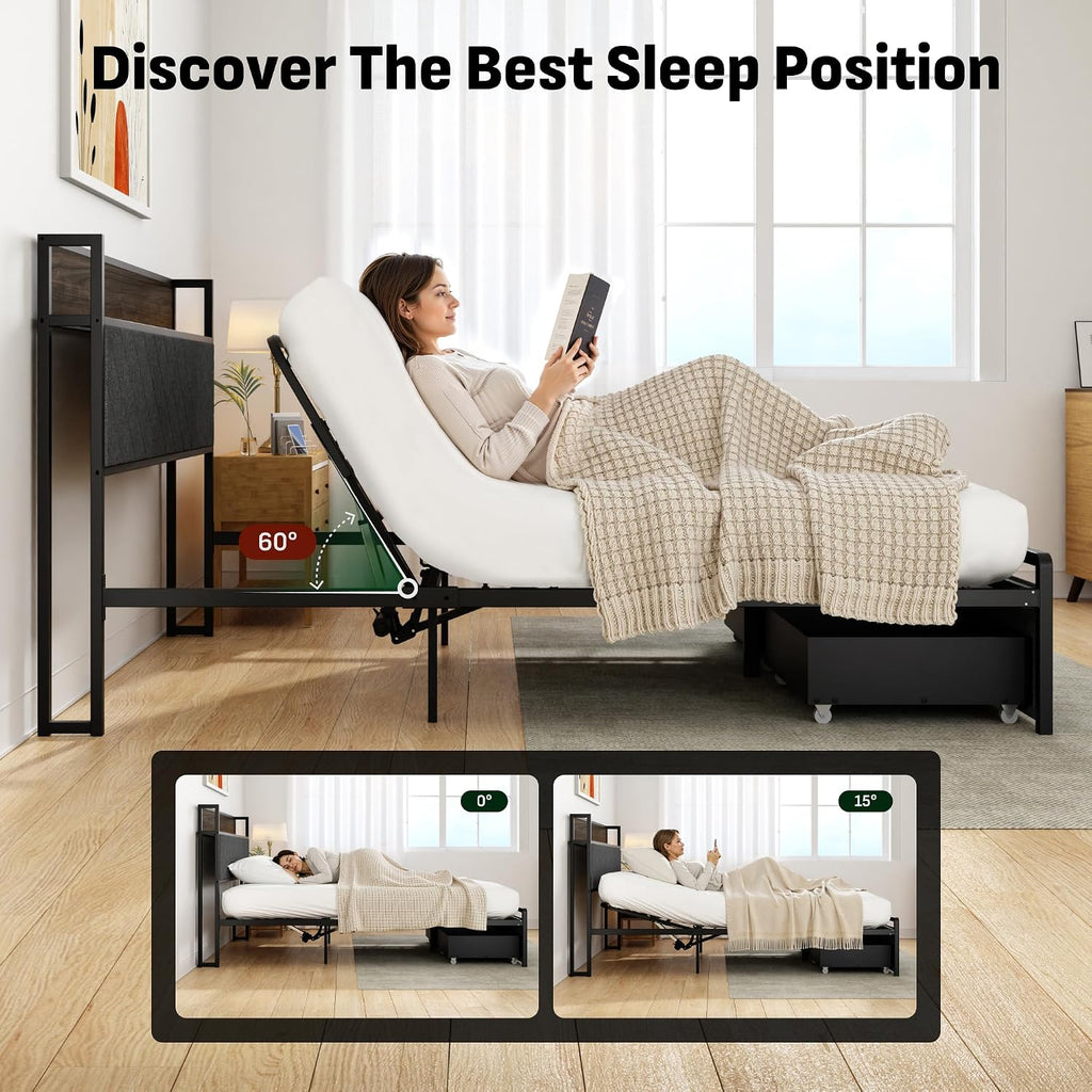 Queen Adjustable Bed Frame with Storage Headboard and Charging Station, Power Head Lift with 2 Footboard Drawers