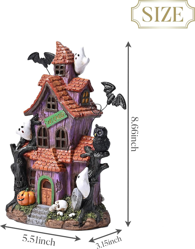 Halloween Decorations, Lighted Halloween Village Houses with LED Lights, Resin Spooky Town Happy Haunted House
