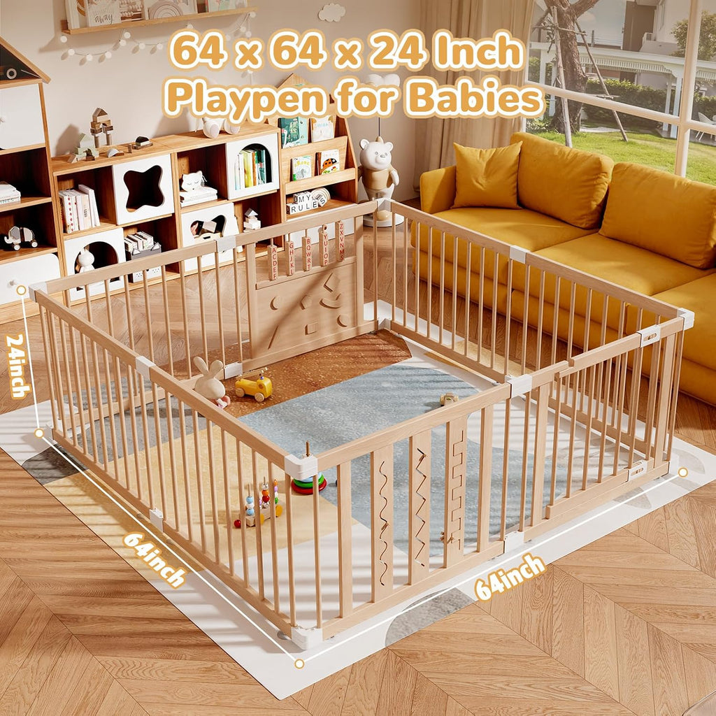 Wooden Baby Playpen, 64"x64" Extra Large Play Yard for Toddlers | Natural Wood Playpen with Child-Proof Lock, Easy