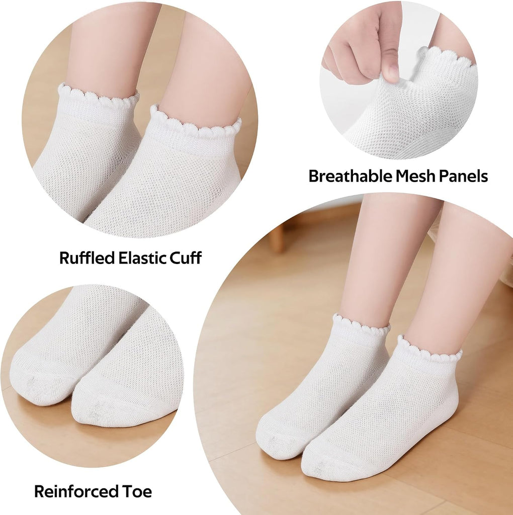 6 Pairs Girls Socks Ruffled White Cotton Ankle Socks