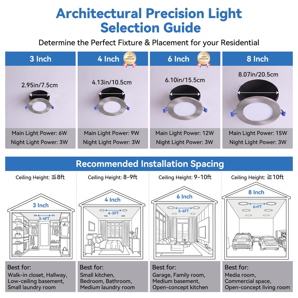 Brushed Nickel Recessed Lighting 6 Inch with Night Light, 12 Pack