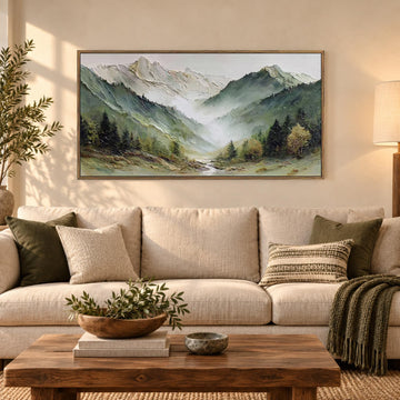 Large Framed Mountain Landscape Wall Art with Wooden Frame, Misty Forest Valley Nature Canvas Painting, Rustic Nature