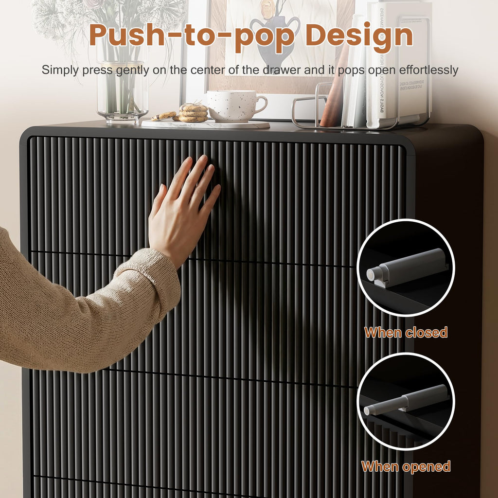 Black 5 Drawer Dresser, Curved Tall Dresser with Push-to-Open Design, Chest of Drawers, 15.7"D x 32"W x 47.2"H