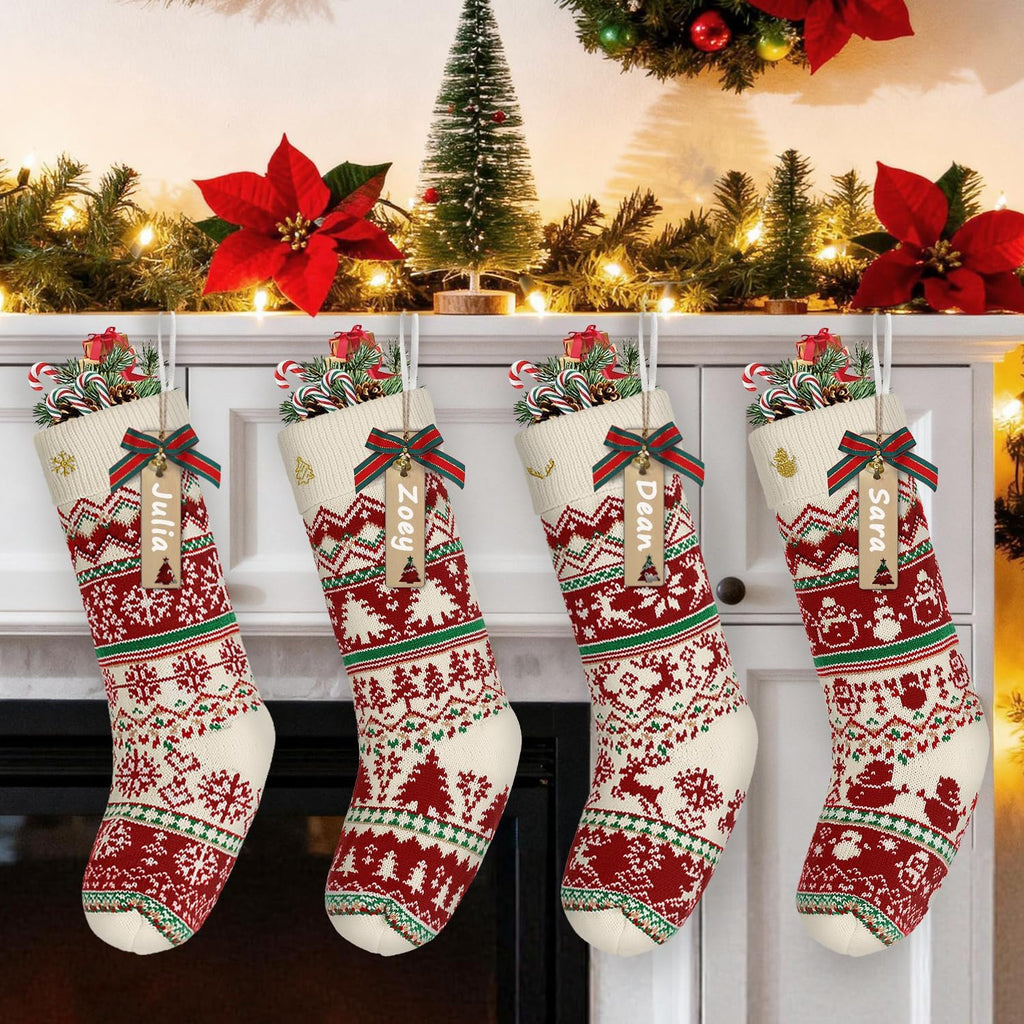 Knit Christmas Stockings with Patterns Reindeer, Tree, Snowflake, Snowman-4 Pack 18 Inch Large Knit Stockings - Set of 4