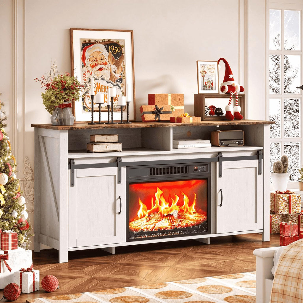 58" Fireplace TV Stand with Barn Doors for 65" TVs, 1 Package, White