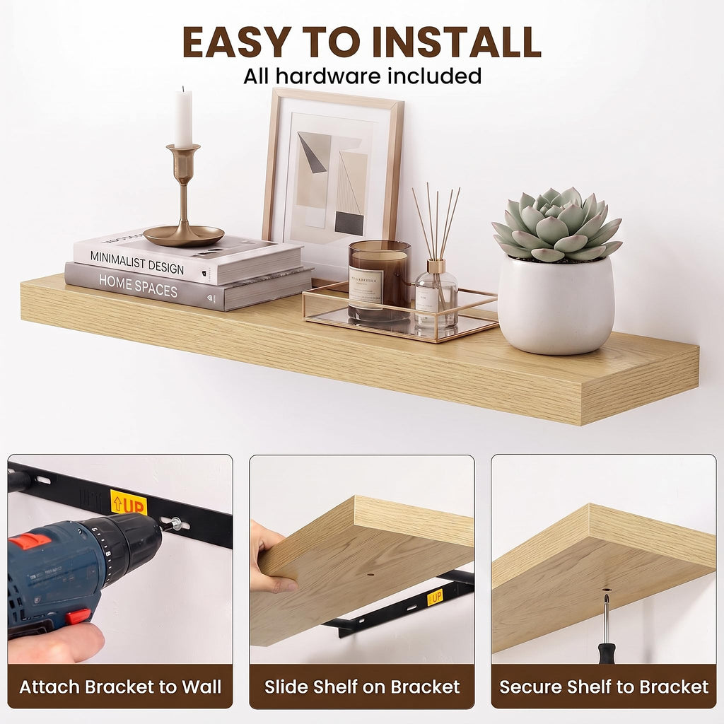 30Inch Floating Shelves 8" Deep Wall Mounted Set of 3 Oak