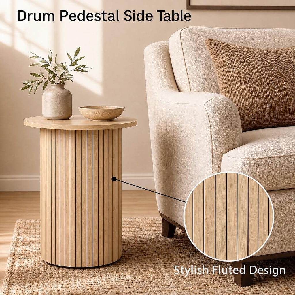 Round Side Table, Fluted Mid Century Modern Drum End Table, Natural