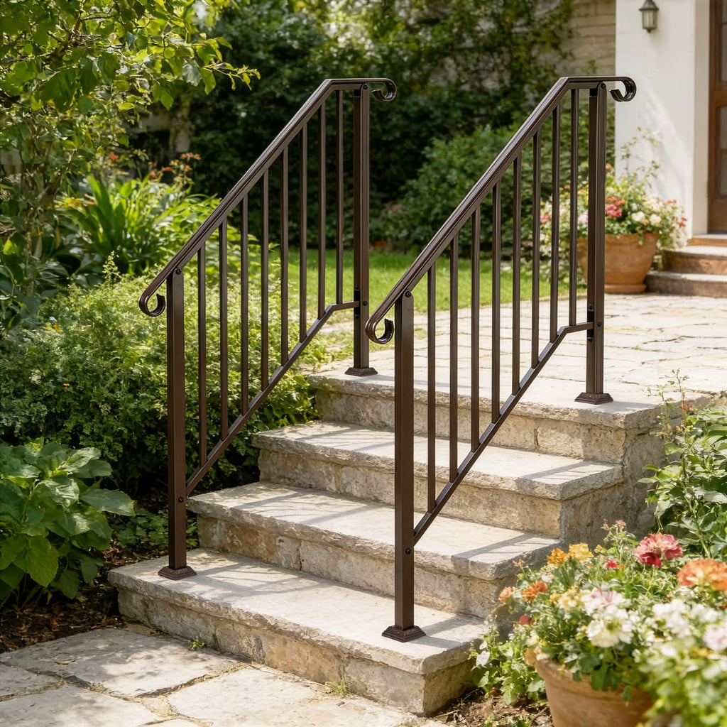 4 Step Handrails for Outdoor Steps, Galvanized Steel Stair Railing Fits 3 or 4 Steps, Metal Hand Railing with