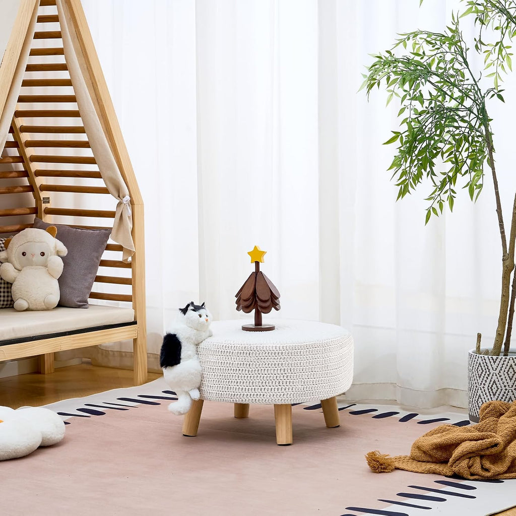 Pouf Ottoman, 100% Cotton Knitted Boho Footstool, Round Footrest with Non-Skid Wood Legs, Home Décor Pouffe, Leisure
