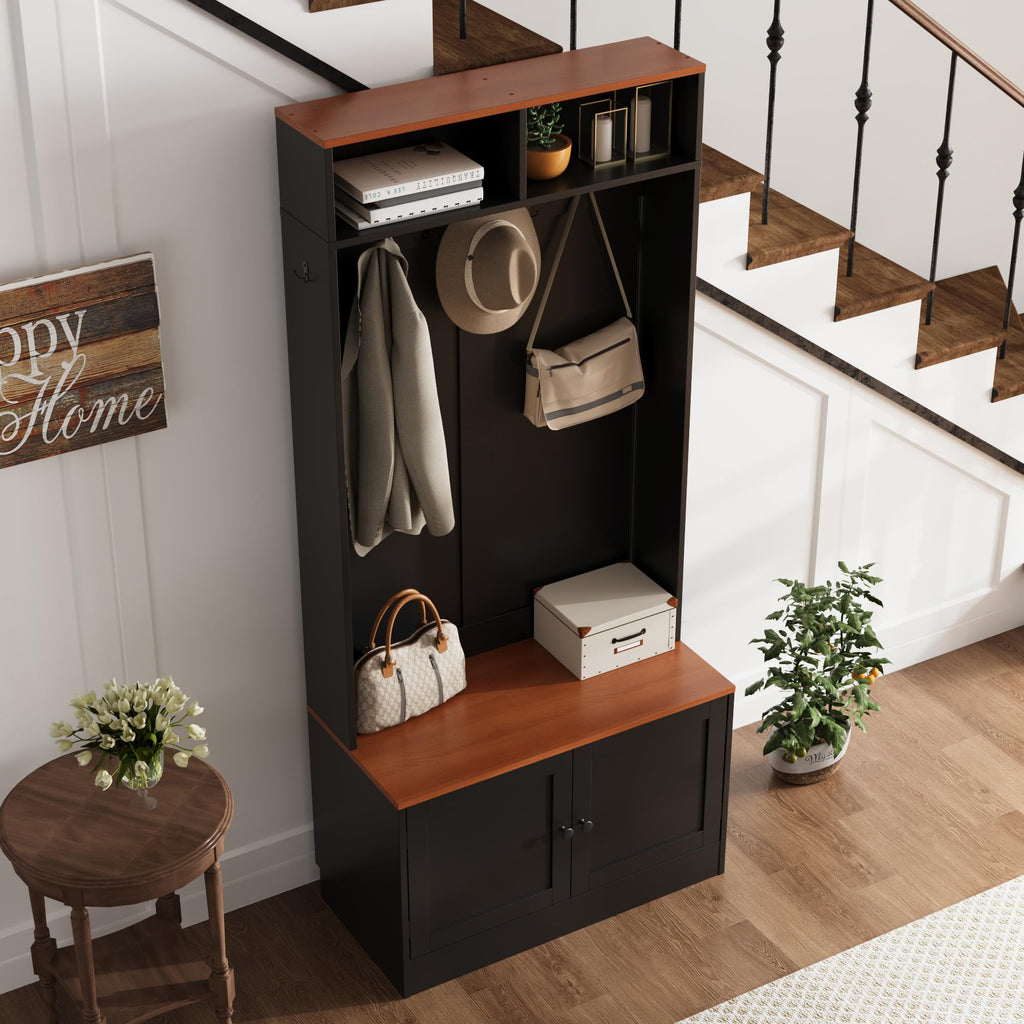Entryway Hall Tree with Bench and Storage, 5-in-1 Farmhouse Coat Rack with 7 Hooks, Bench with Coat Rack with Storage