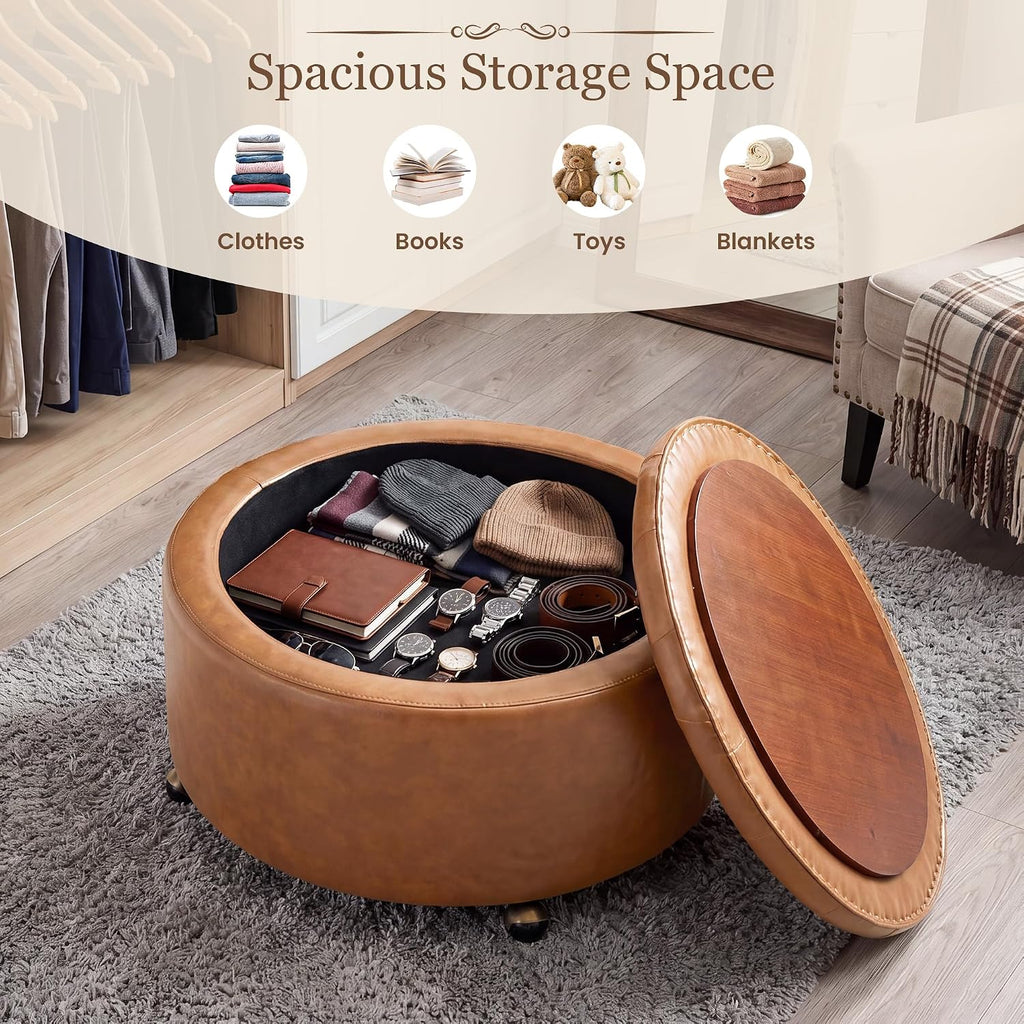 29" Large Round Storage Ottoman with Tray , Camel | Round Ottoman Coffee Table with Storage, Poofs/Ottomans Footrest