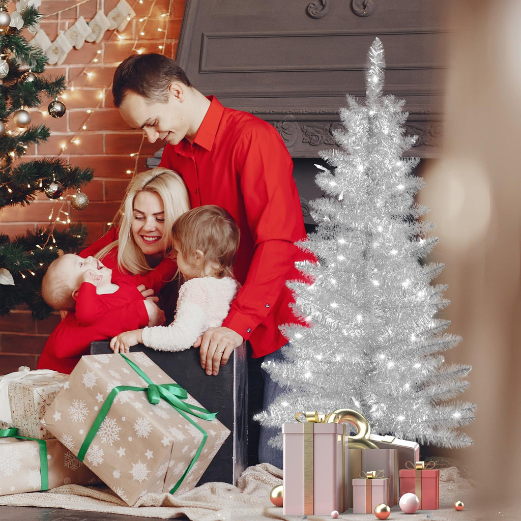 4ft Artificial Full Silver Christmas Tree with Separate Lights, Not Pre-lit Mini Silver Tinsel Pine Christmas Tree