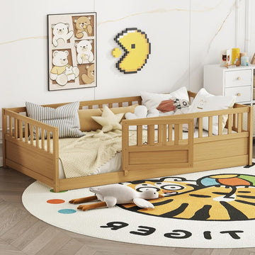 Montessori Floor Bed with High Fence, Slats and Door, Natural