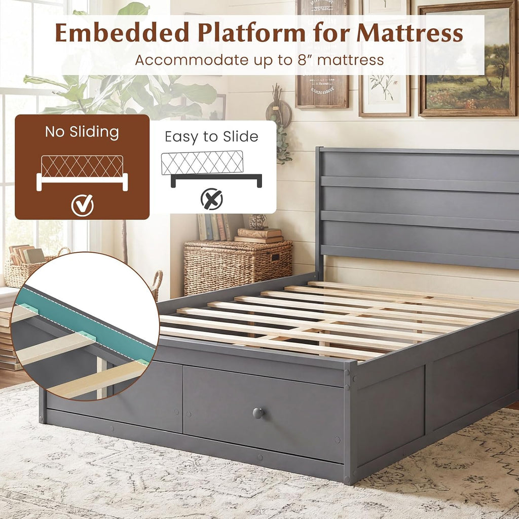 Full Size Wood Platform Bed Frame with 2 Storage Drawers and Headboard, Enclosed Base, Grey
