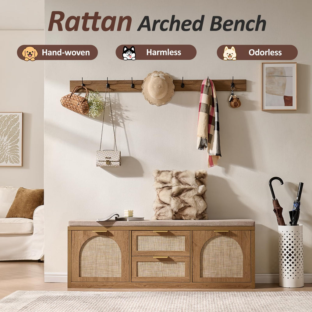 Rattan Narrow Entryway Bench with Shoe Storage, 4 Drawers & Coat Rack, Mid-Century Modern Wood Shoe Cabinet with Seat