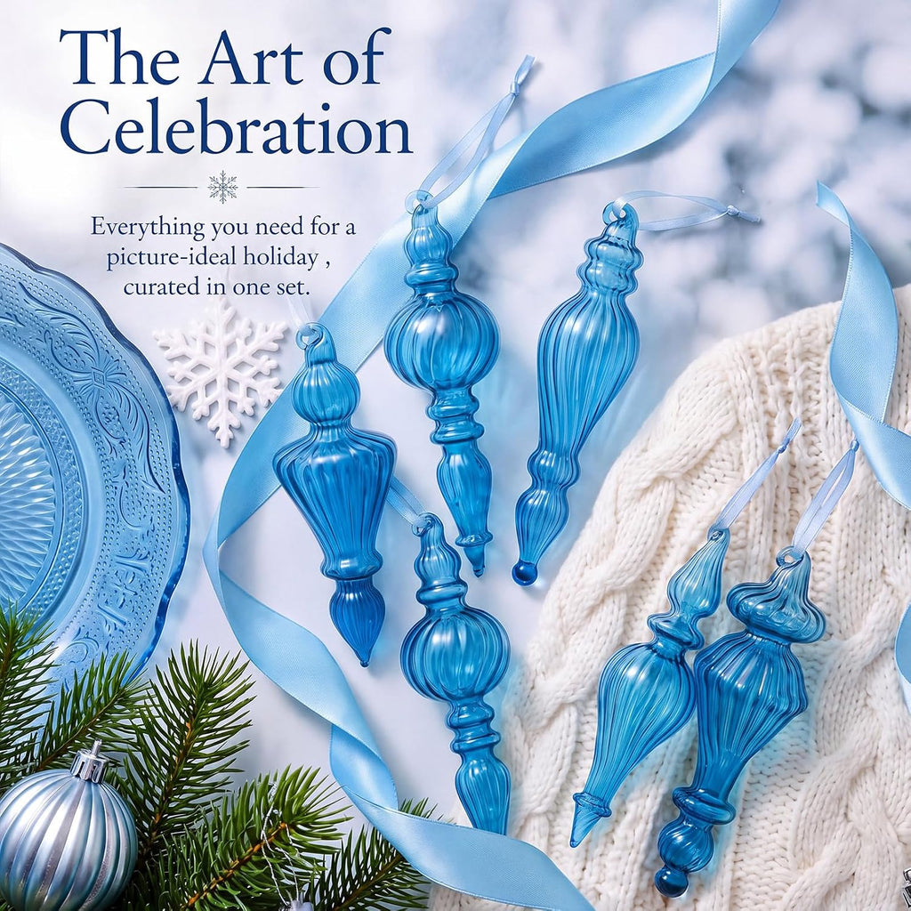 Vintage Glass Christmas Ornaments, Antique, Blue - Set of 6