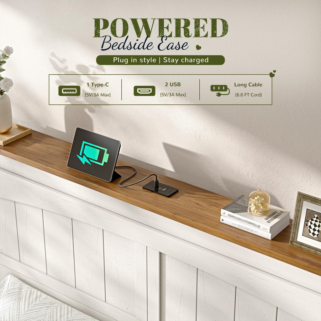Farmhouse Bed Frame with 50.4" Tall Headboard, Antique White