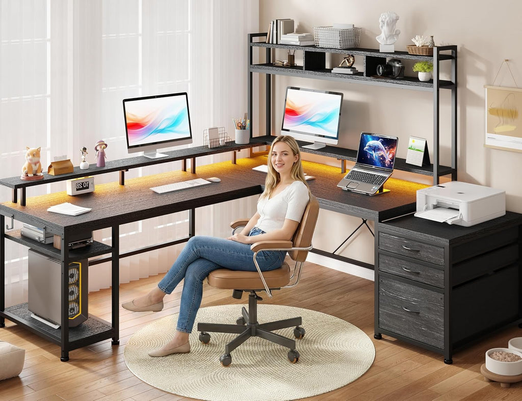 64x59 Inch Two Person L Shaped Gaming Desk with Shelf & LED Lights | 4-Layout with 4 AC+2 USB Charging Ports, Remote