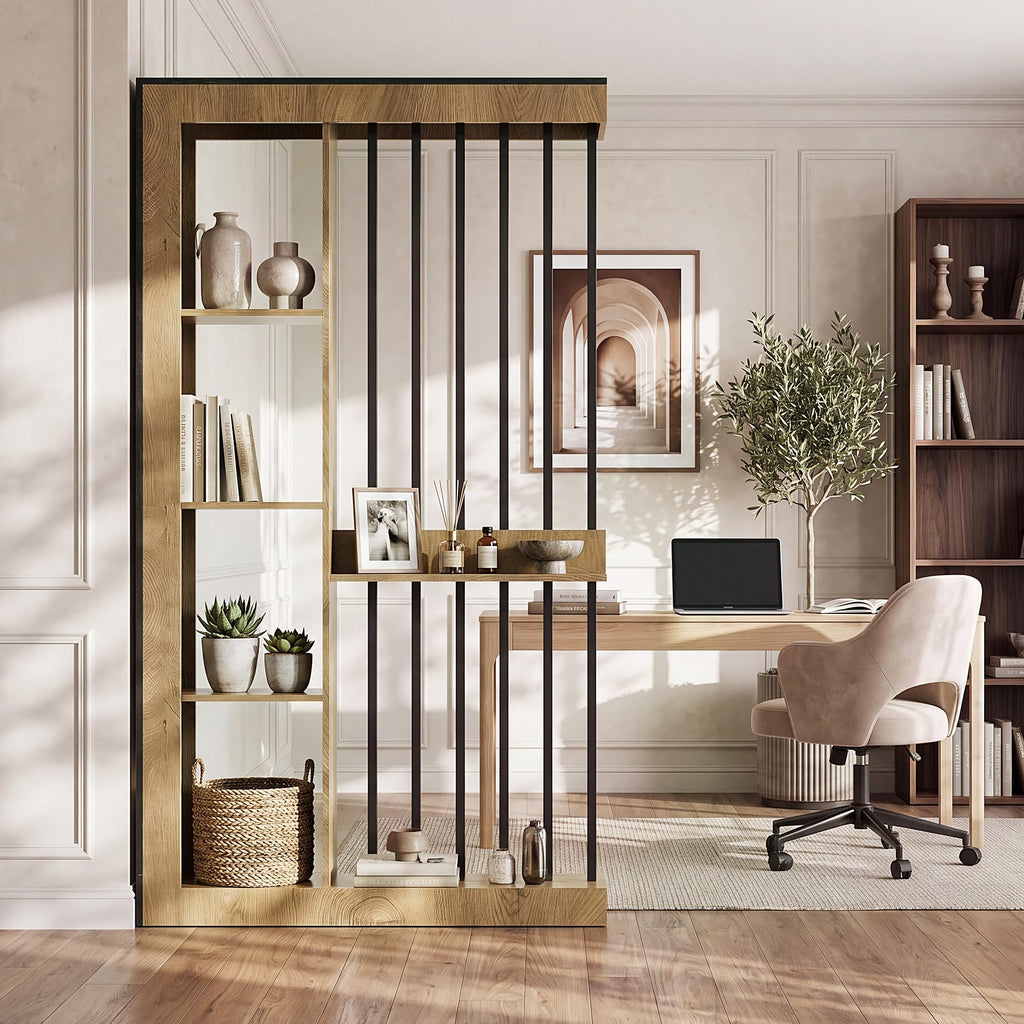 Wall Room Divider with Shelves, 71" Freestanding Wood Partition