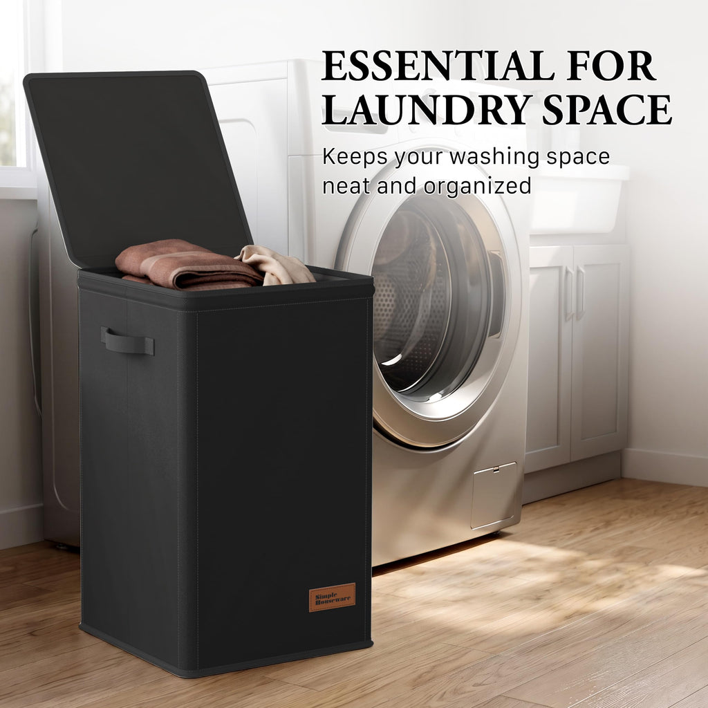 Foldable Laundry Hamper Basket with Lid and Bag, Black