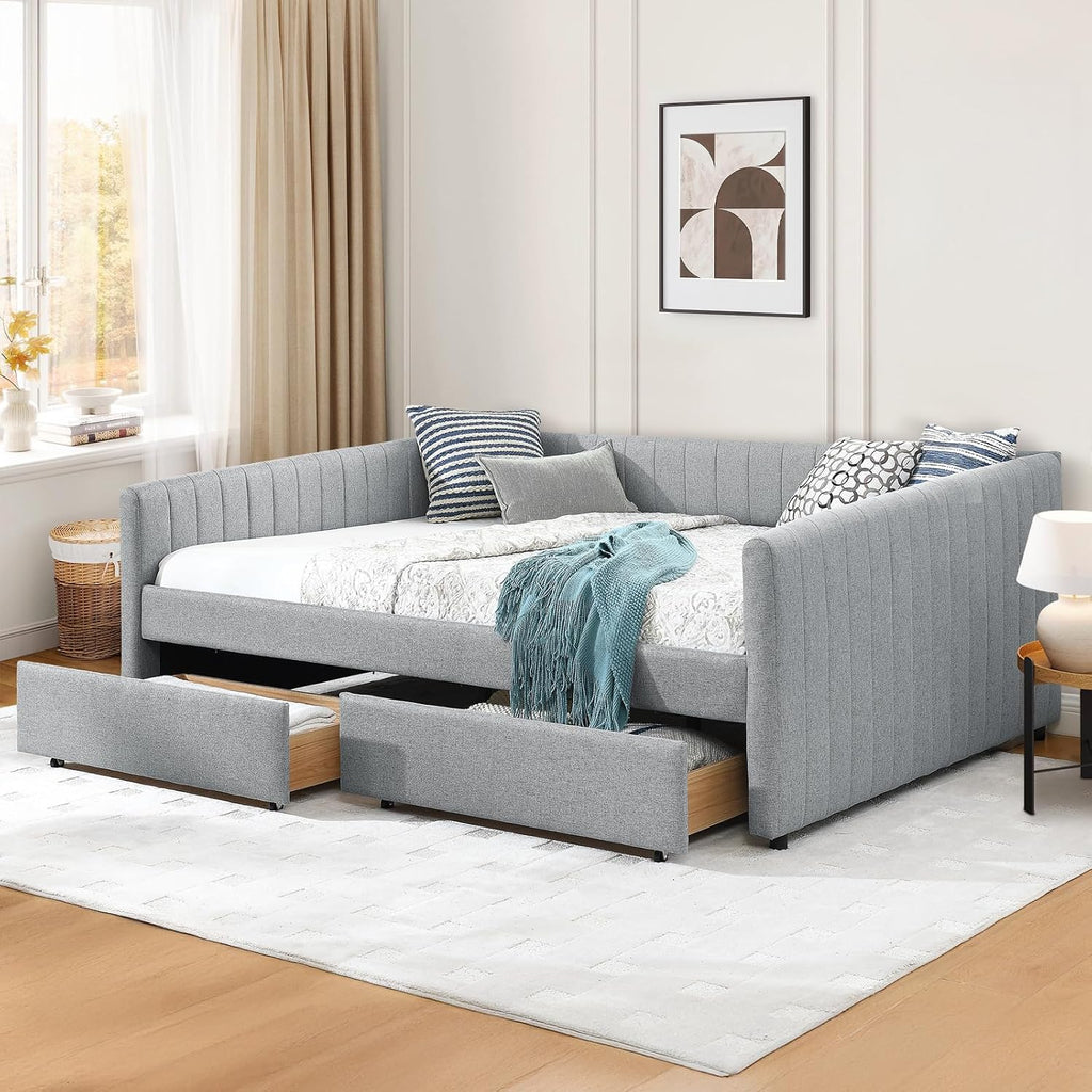 Daybed with Storage Drawers, Modern Upholstered Linen Queen Size Day Bed Frame with Stripes, Tufted Corner Sofa Bed