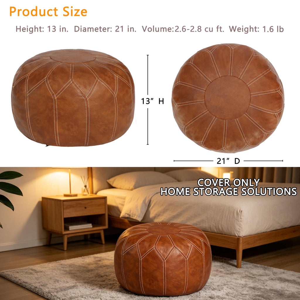 Unstuffed Moroccan Faux Leather Pouf Ottoman Cover with Storage - Boho Chic Multi-Use Footrest - Round Ethnic Floor