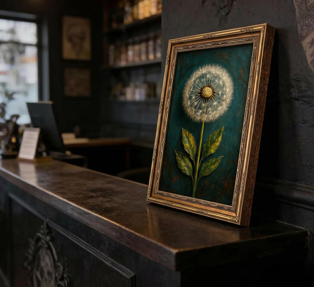 Vintage Gold Framed Dandelion Wall Art, Teal Background Botanical Canvas Oil Painting Print, Retro Moody Botanical