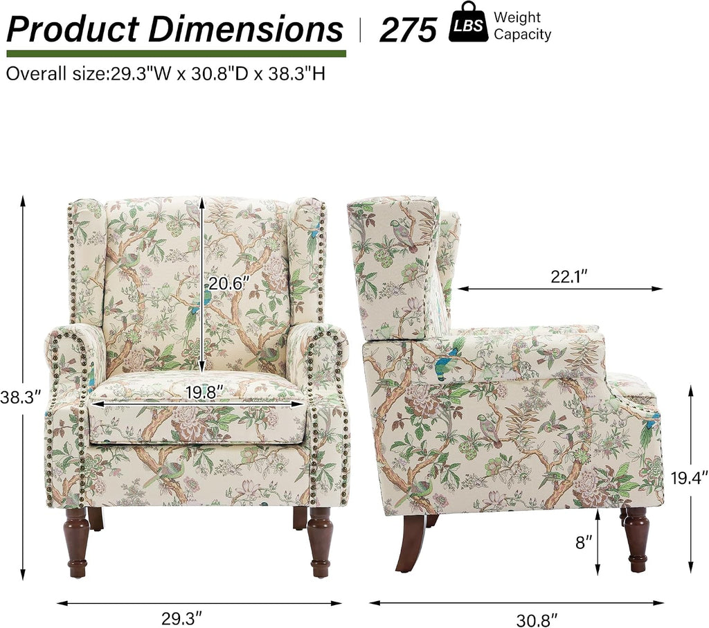 Wingback Accent Chair with Wood Legs, Bird, Set of 1 | High Back with Side Wings | Armrest Nailhead Trim | Solid Wood
