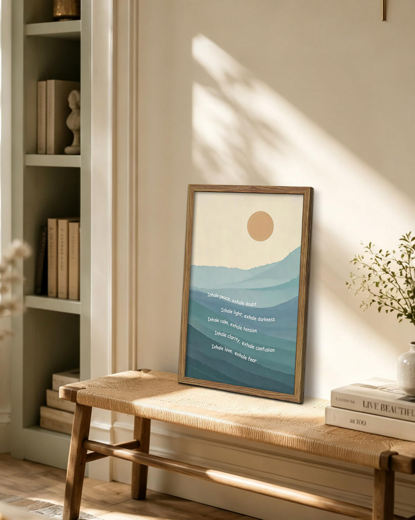 Framed Mindfulness Wall Art, Inhale Exhale Quote Canvas Print Poster, Minimalist Mountain Landscape Painting, Zen