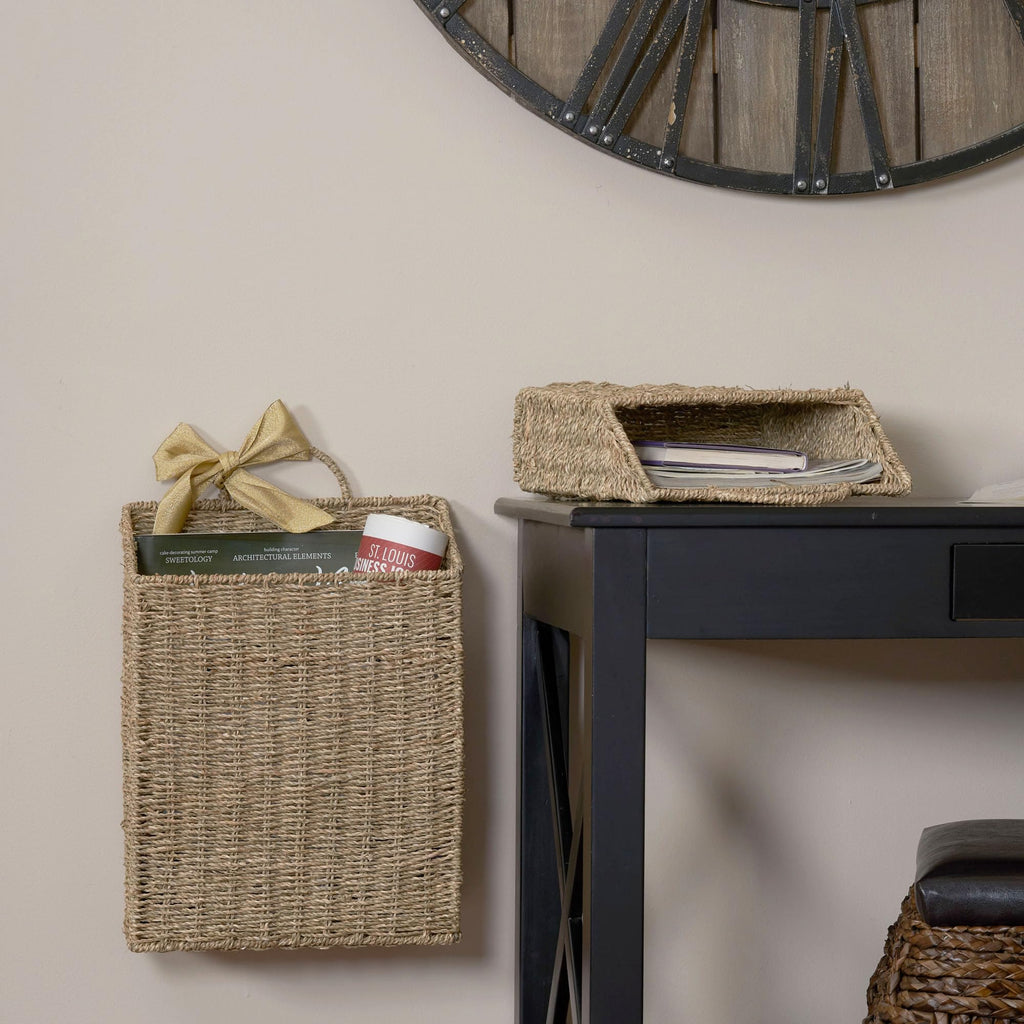 Rectangular Wicker Hanging Baskets, Set of 2, Small and Large, Handwoven Seagrass, Durable Metal Wire Frame