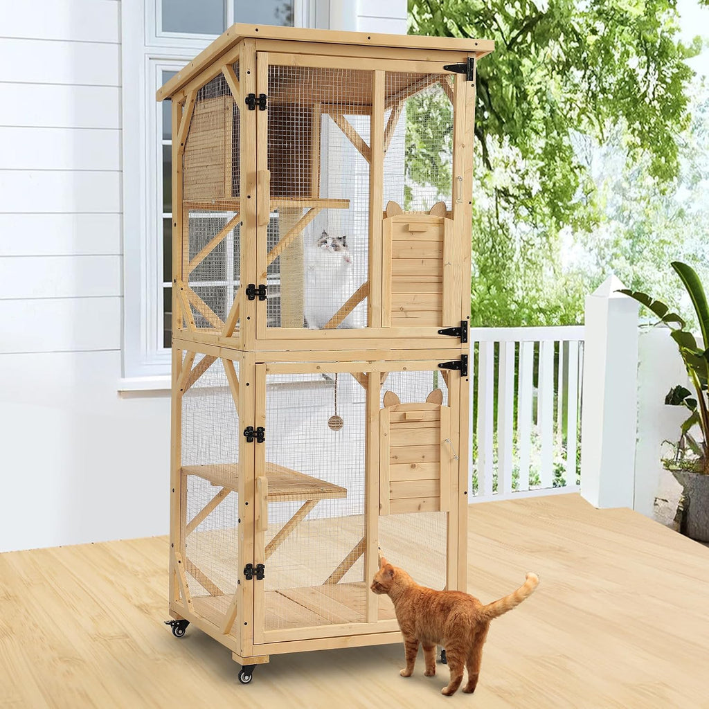 71" Catio Outdoor Cat Enclosure Window Access, Original Wood