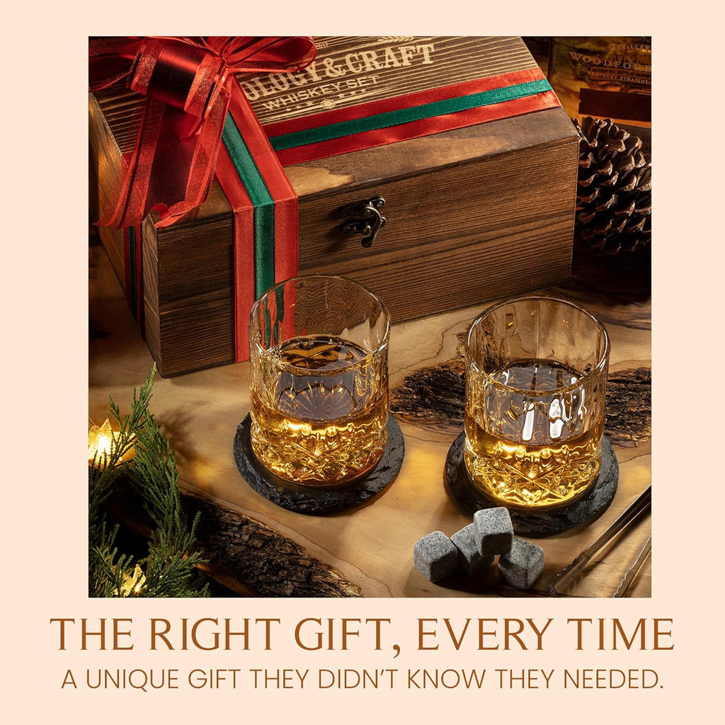 Whiskey Stones Gift Set: with Two 10oz Lead-Free Crystal Whiskey Glasses, 8 Whiskey Stones with Velvet Bag, 2 Slate
