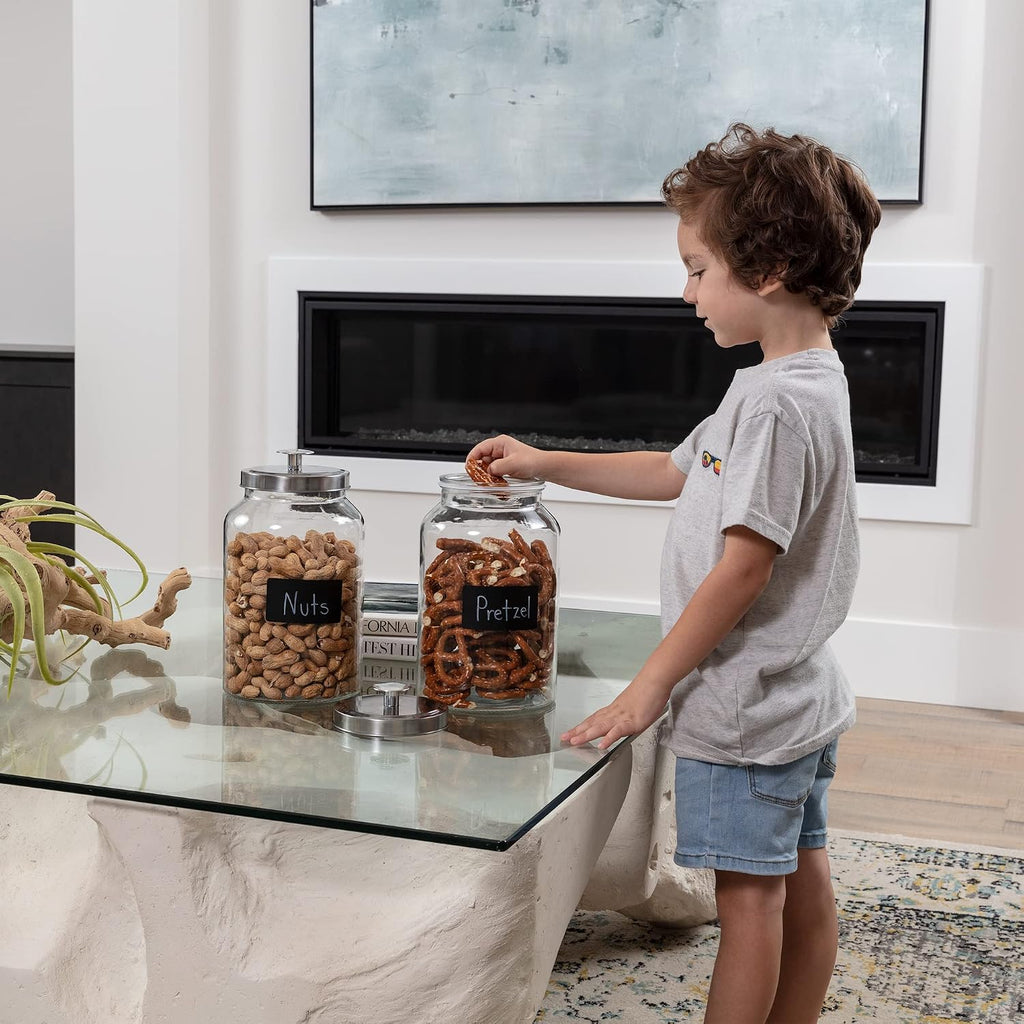 Large 1-Gallon Glass Canister Sets Counter with Stainless Steel Airtight Lids + Marker & Labels, Cookie Jar & Candy - Set of 2