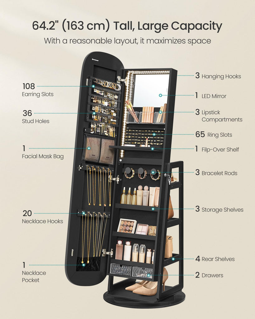 LED Jewelry Cabinet, 360° Swivel, Lockable, Full-Length Mirror