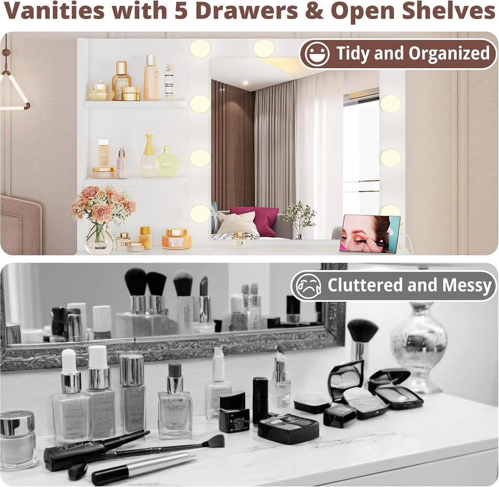 Vanity Desk with Mirror and Lights, White | Small Makeup Vanity Table, 5 Drawers, Power Outlet, Vanity Stool