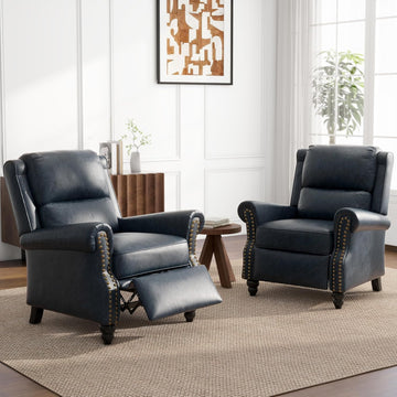 Pushback Recliner Chairs, Faux Leather Armchair, Navy - Set of 2