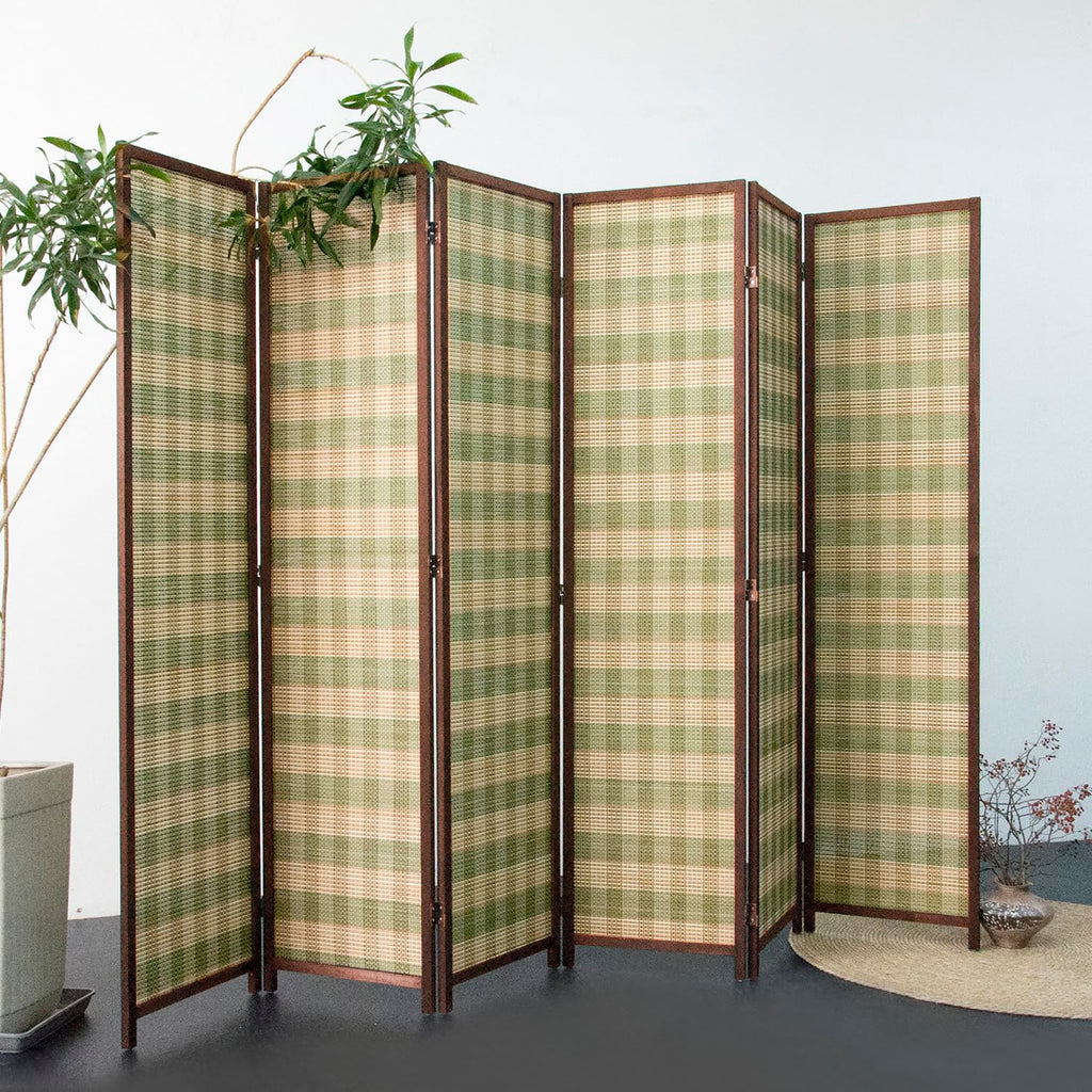 6 Panel Bamboo Room Divider, Green Stripe Folding Privacy Screen