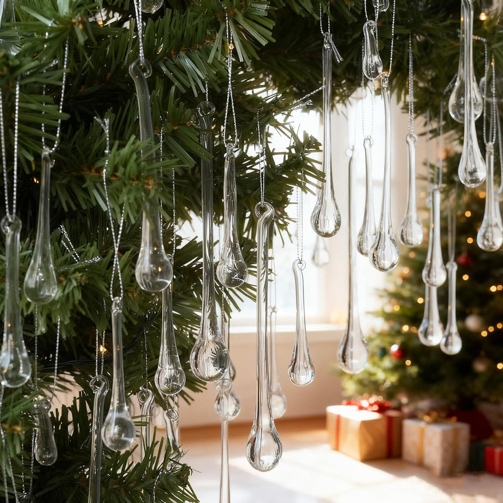 Handmade Glass Crystal Teardrop Christmas Ornaments, Clear Decor - Set of 64
