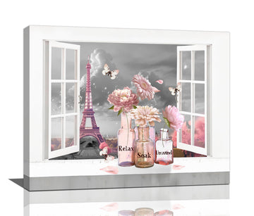 Paris Wall Eiffel Tower Picture Wall Decor Pink And Black Canvas Prints Floral Butterfly Relax Soak Unwind Painting