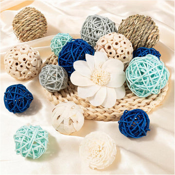 Blue and White Decorative Balls for Potpourri Bowl Filler, Bowl Filler for Table Centerpiece Home Decor, Woven - Set of 15