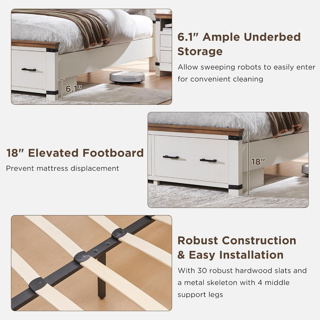 Farmhouse King Bed Frame with 54" Tall Geometric Headboard & 2 Large Storage Drawers, Rustic Wood Platform Bed with