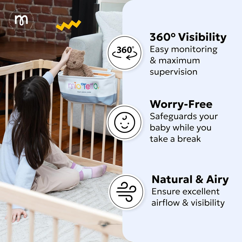 Baby Playpen, Wooden Playpen for Babies and Toddlers, Foldable Fence with Montessori Activity Panel, Storage Basket &