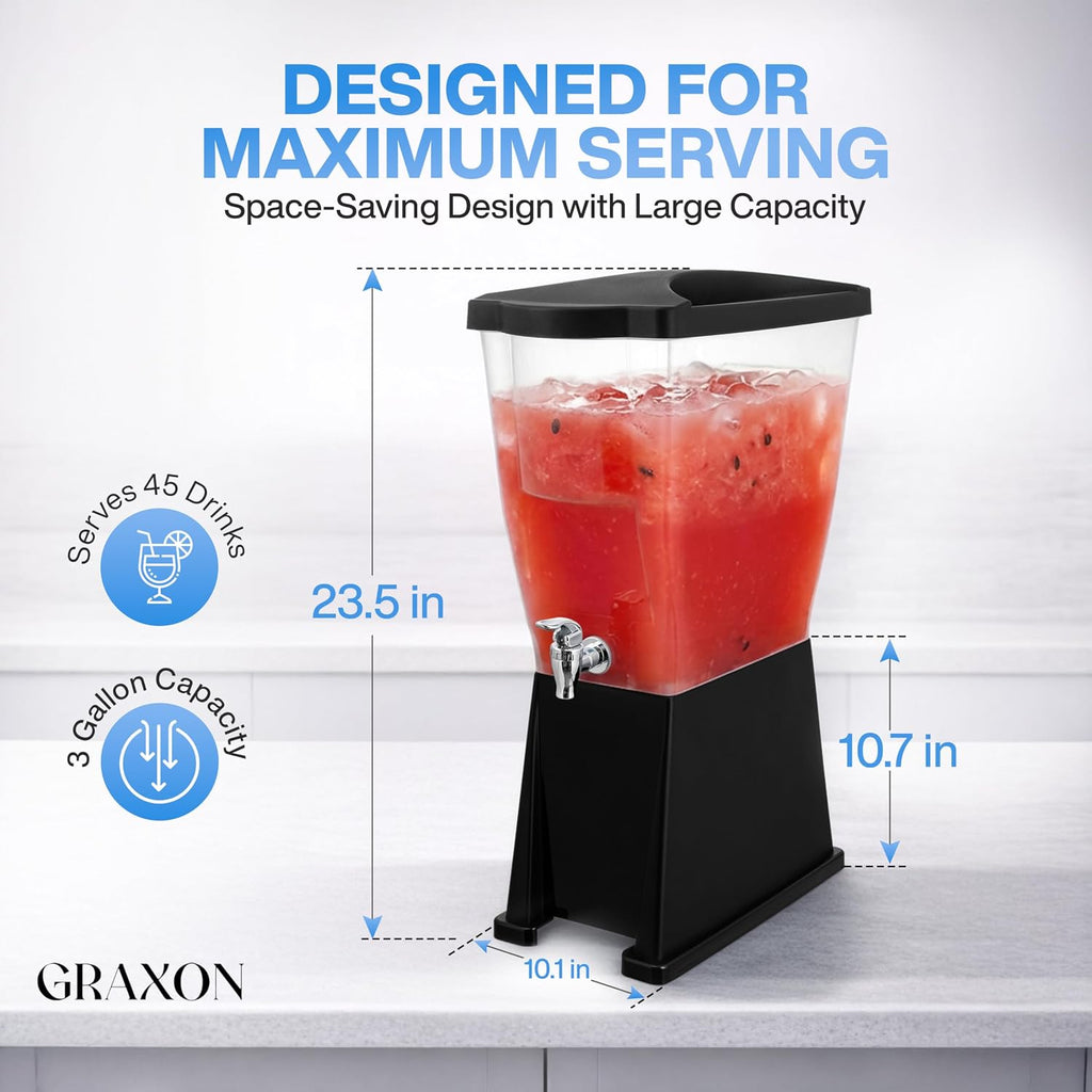 Large Drink Dispenser for Parties (3 Gallon) Slim Plastic Beverage Dispenser with Base for Counter Tops, No Mess