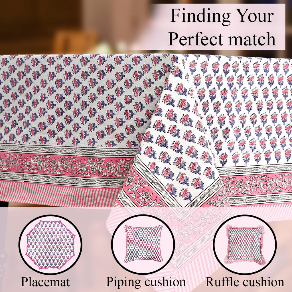 CPC Pink Sapphire Block Print 100% Cotton Square Tablecloth 60x60 Inch
