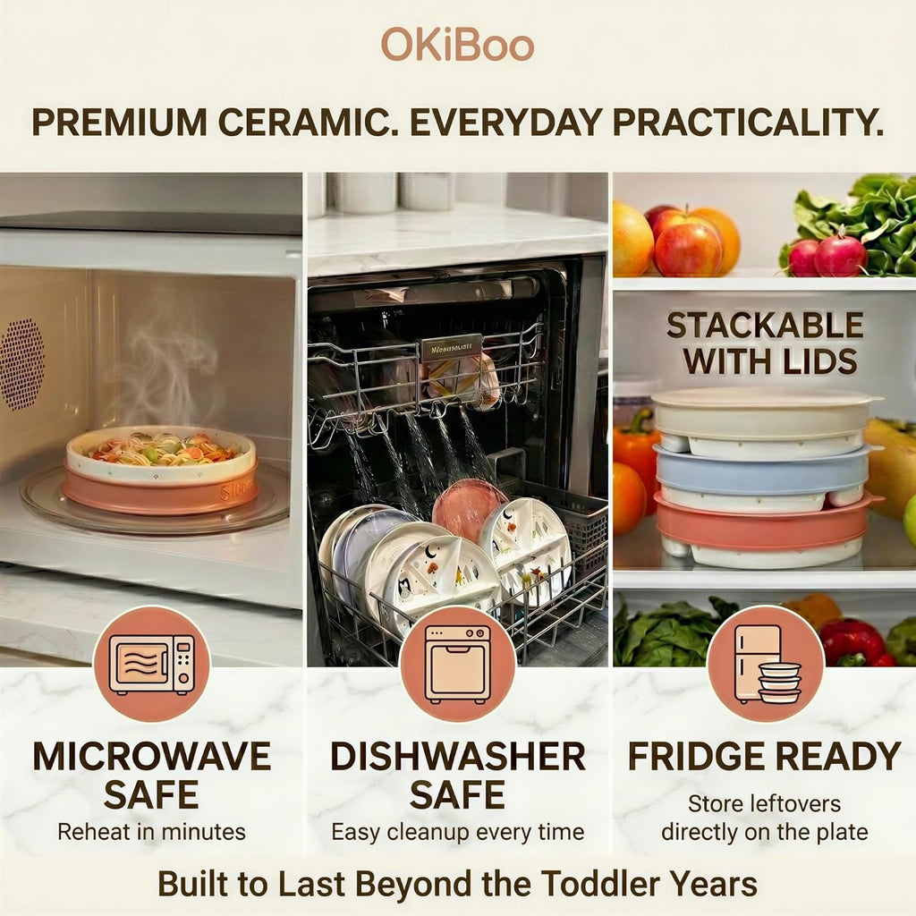 Divided Ceramic Toddler Plates, 8 Inch Divided Baby Plate with Lid