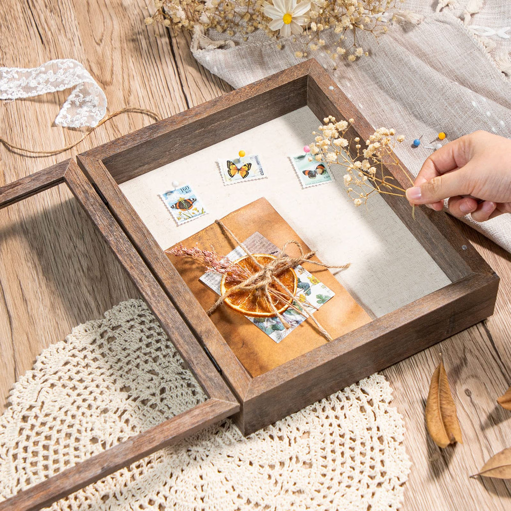 8x10 Shadow Box Frame with Linen Back - Sturdy Memory Display Case of Flower, Pictures, Medals and More, Rustic Brown